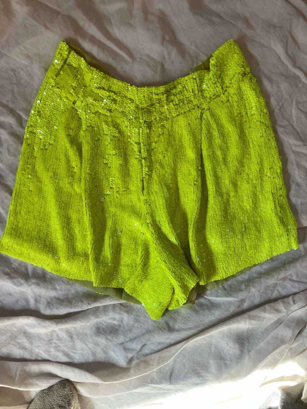Marissa Webb Neon Yellow Lime Sequin High-Waist Shorts